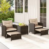 5 Pieces Patio Rattan Furniture with 2 Ottomans and Tempered Glass Coffee Table