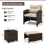 5 Pieces Patio Rattan Furniture with 2 Ottomans and Tempered Glass Coffee Table