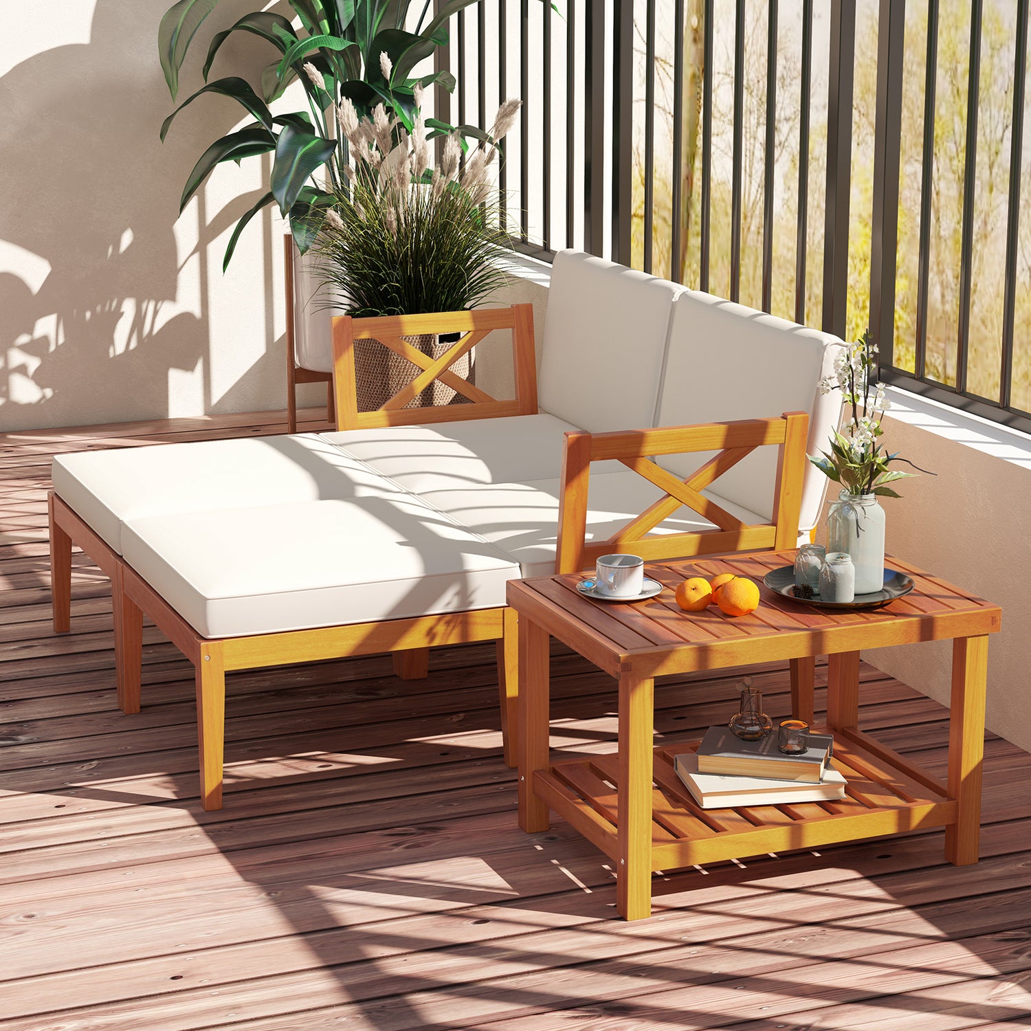 5 Pieces Acacia Wood Patio Chaise Lounge Chair Set with Ottoman and Cushions-White