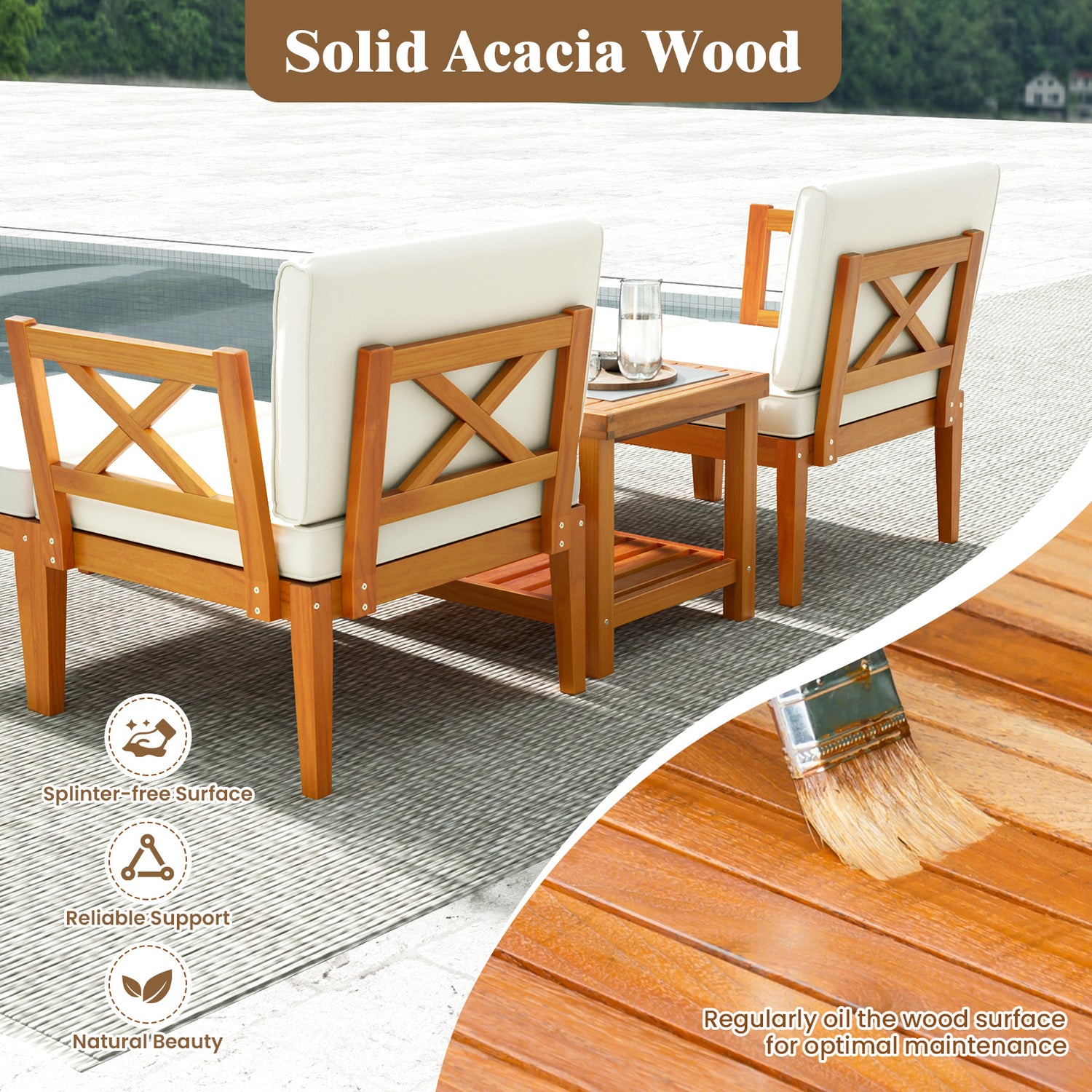 5 Pieces Acacia Wood Patio Chaise Lounge Chair Set with Ottoman and Cushions-White