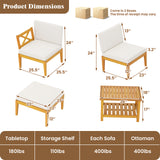 5 Pieces Acacia Wood Patio Chaise Lounge Chair Set with Ottoman and Cushions-White