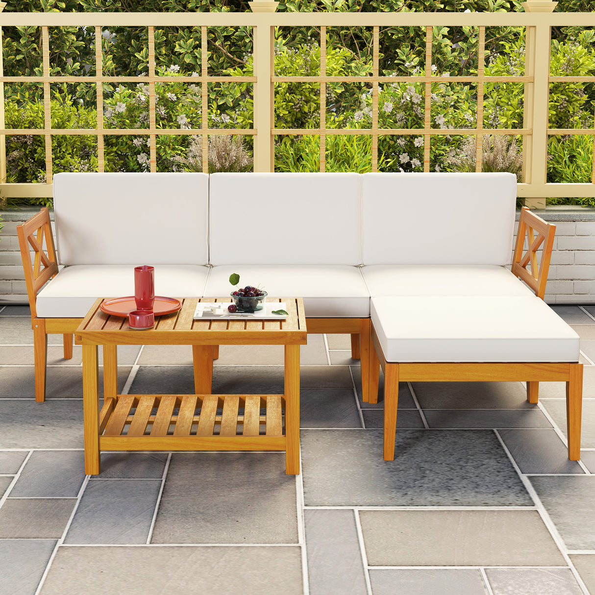 5 Pieces Acacia Wood Patio Furniture Set with 2-Tier Coffee Table and Cushions-White