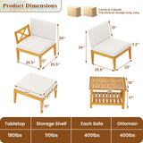 5 Pieces Acacia Wood Patio Furniture Set with 2-Tier Coffee Table and Cushions-White