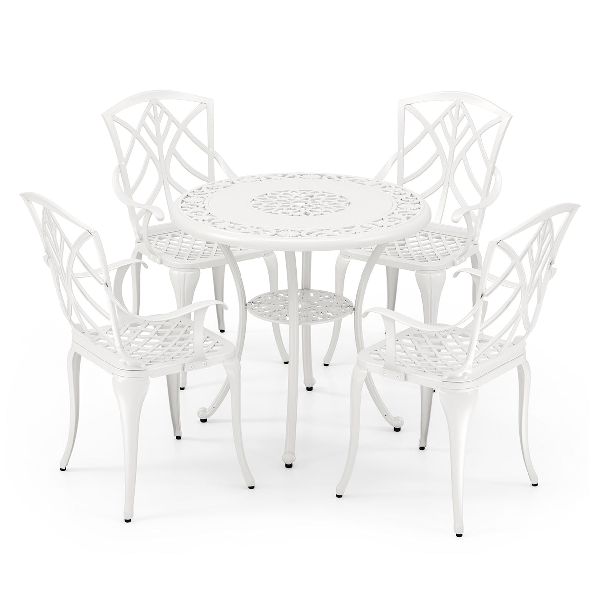 5 Piece Patio Cast Aluminum Dining Table Chair Set Bistro Set with Umbrella Hole-White