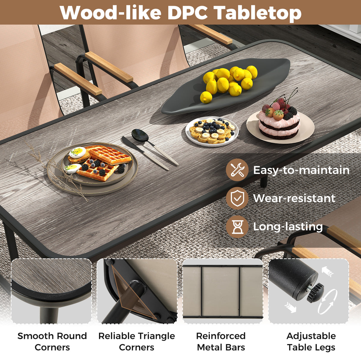 5 Pieces Patio Dining Set with Rectangular Table and Fabric Chairs-Brown