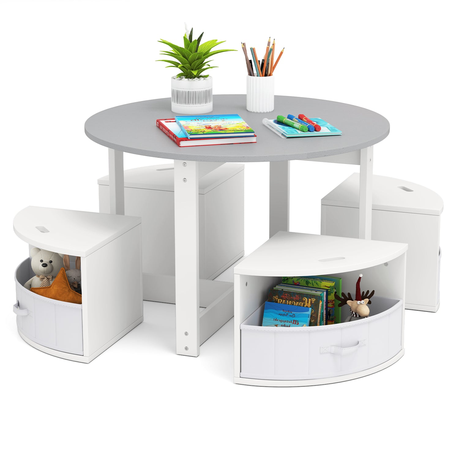 5 Piece Toddler Round Nesting Table with 4 Storage Stools for Activity
