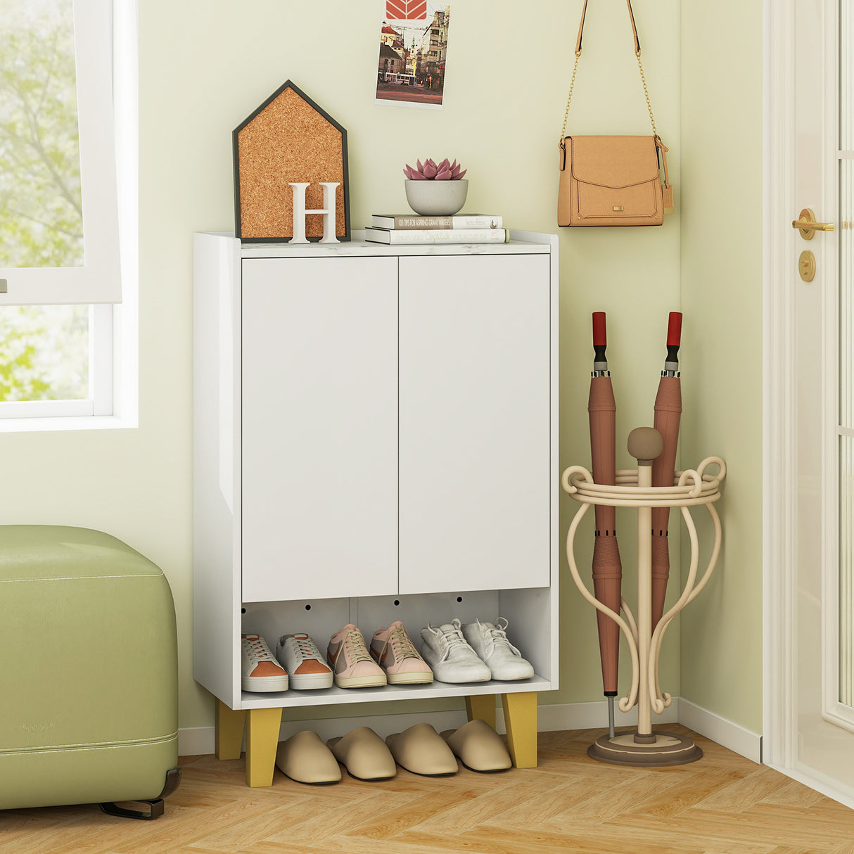 5-Tier Shoe Cabinet with Faux Marble Countertop and Flat Tilting Shelves-White