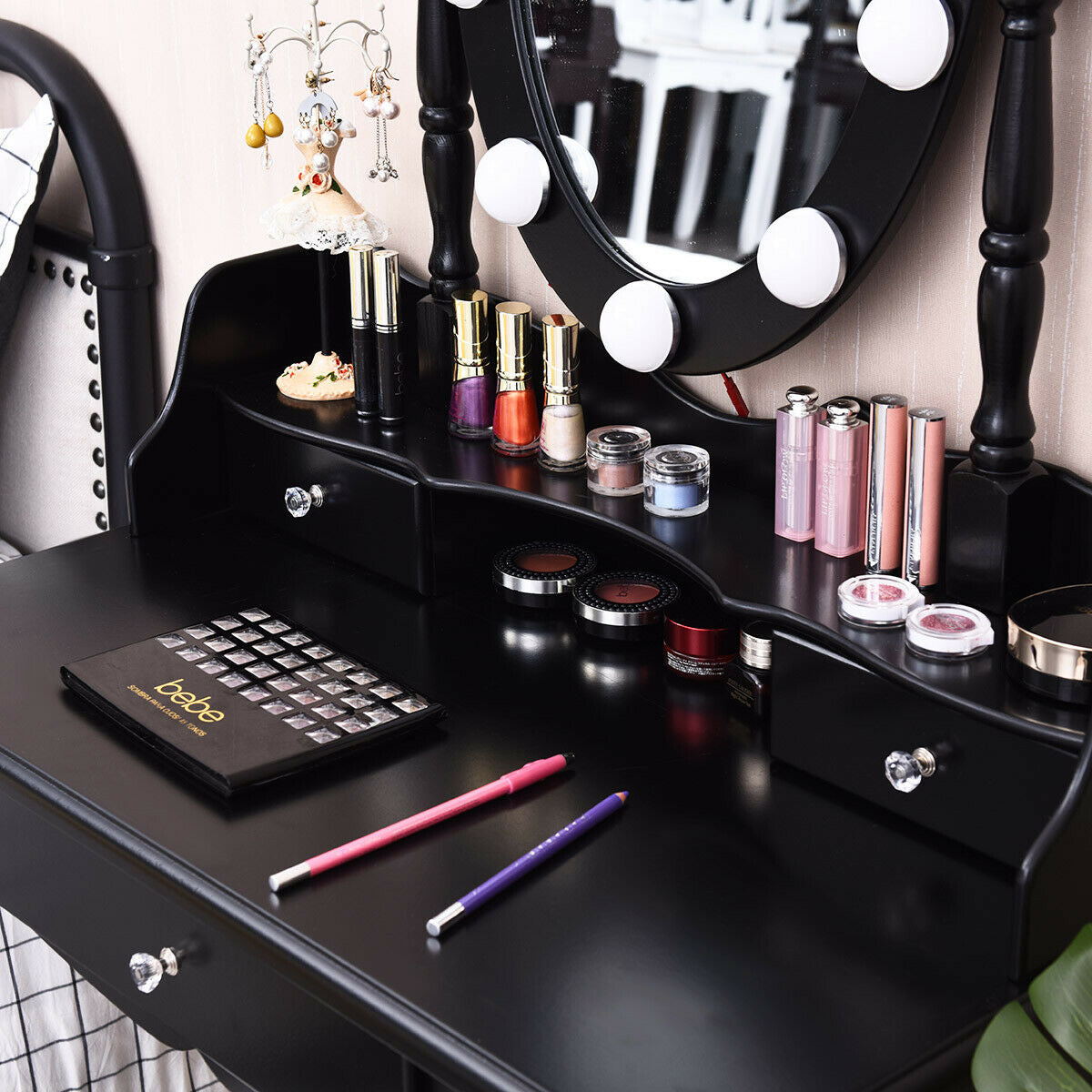 Oval Mirror Vanity Set  with 10 LED Dimmable Bulbs and 3 Drawers