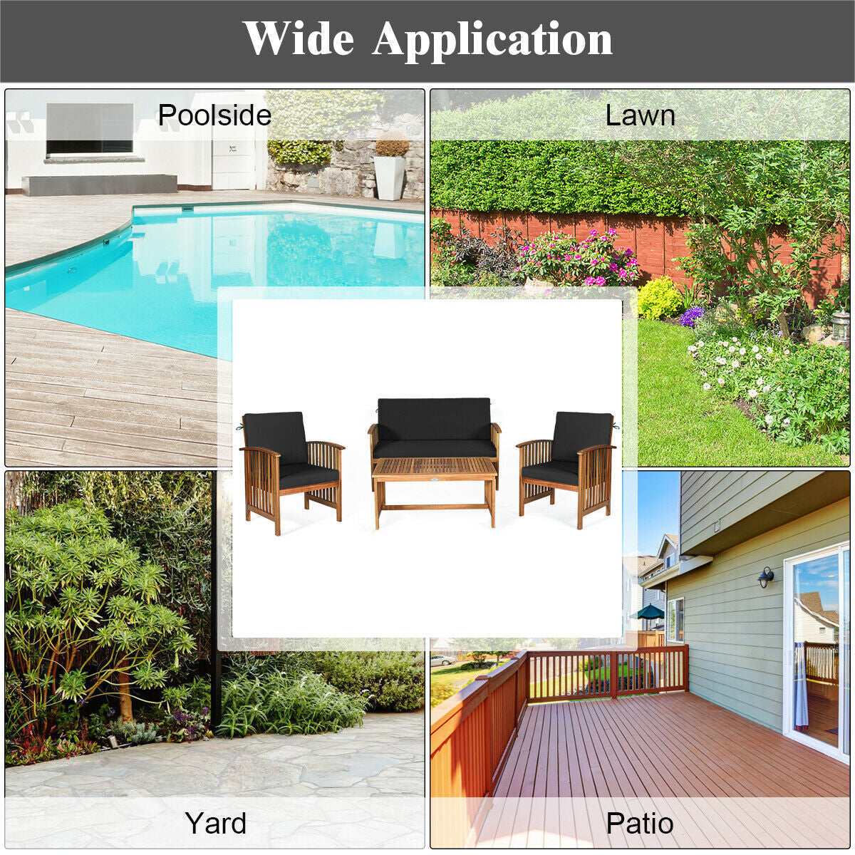 4 Pieces Patio Solid Wood Furniture Set