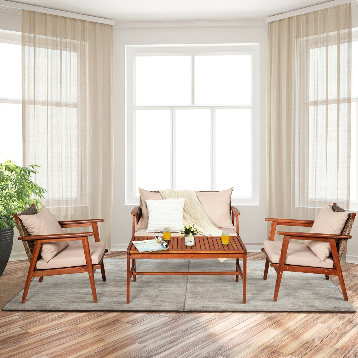 4 Pieces Acacia Wood Patio Rattan Furniture Set with Zippered Cushions