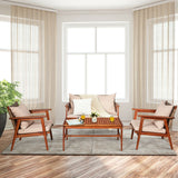 4 Pieces Acacia Wood Patio Rattan Furniture Set with Zippered Cushions
