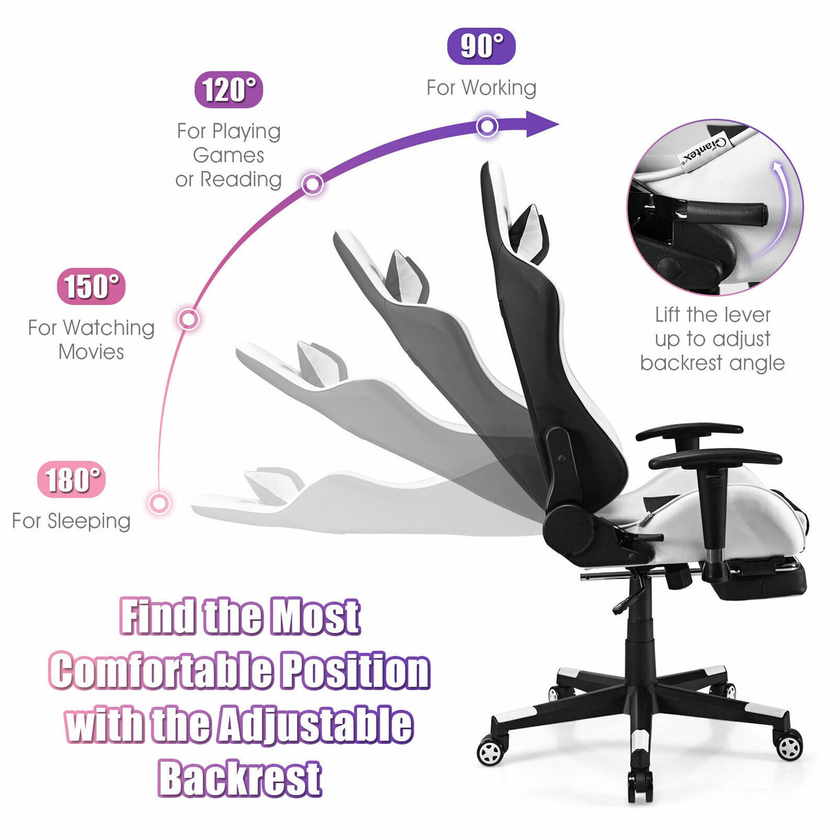 PU Leather Gaming Chair with USB Massage and Lumbar Pillow Footrest
