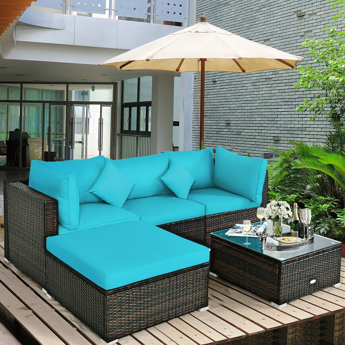 5 Pieces Outdoor Patio Rattan Furniture Set With Cushions