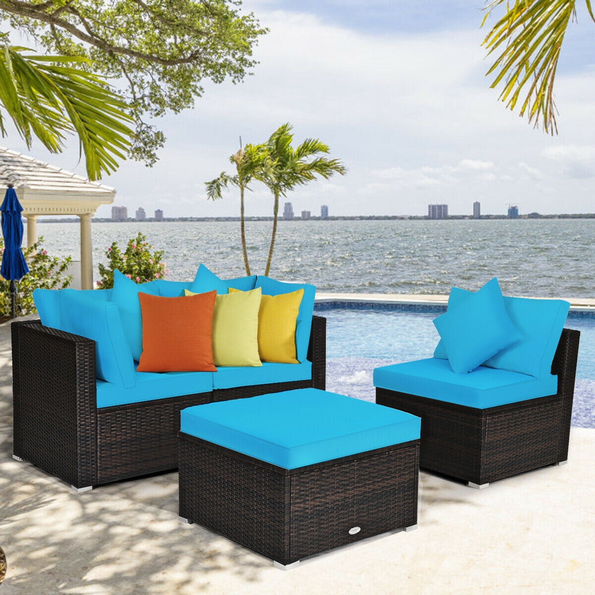 4 Pcs Ottoman Garden Deck Patio Rattan Wicker Furniture Set Cushioned Sofa