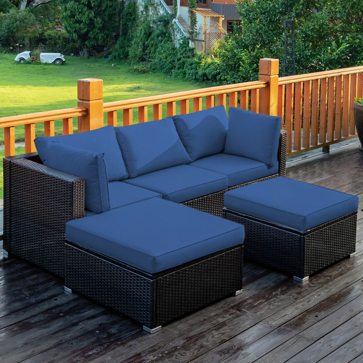 5 Pieces Patio Rattan Sectional Conversation Ottoman Furniture Set