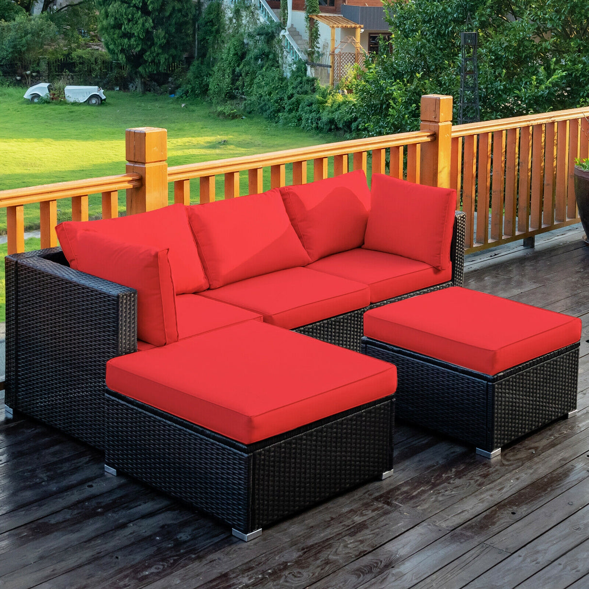 5 Pieces Patio Rattan Sectional Conversation Ottoman Furniture Set