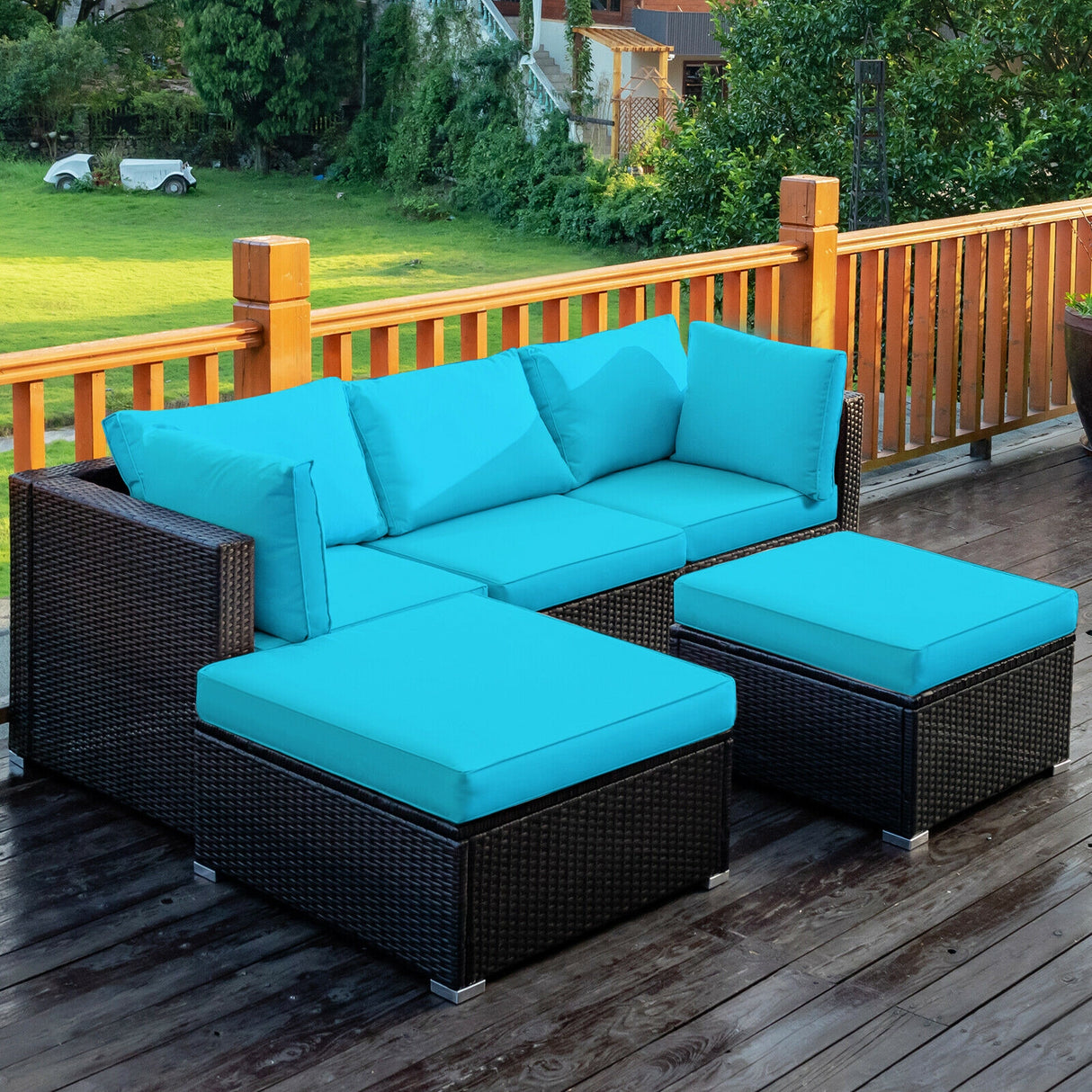 5 Pieces Patio Rattan Sectional Conversation Ottoman Furniture Set