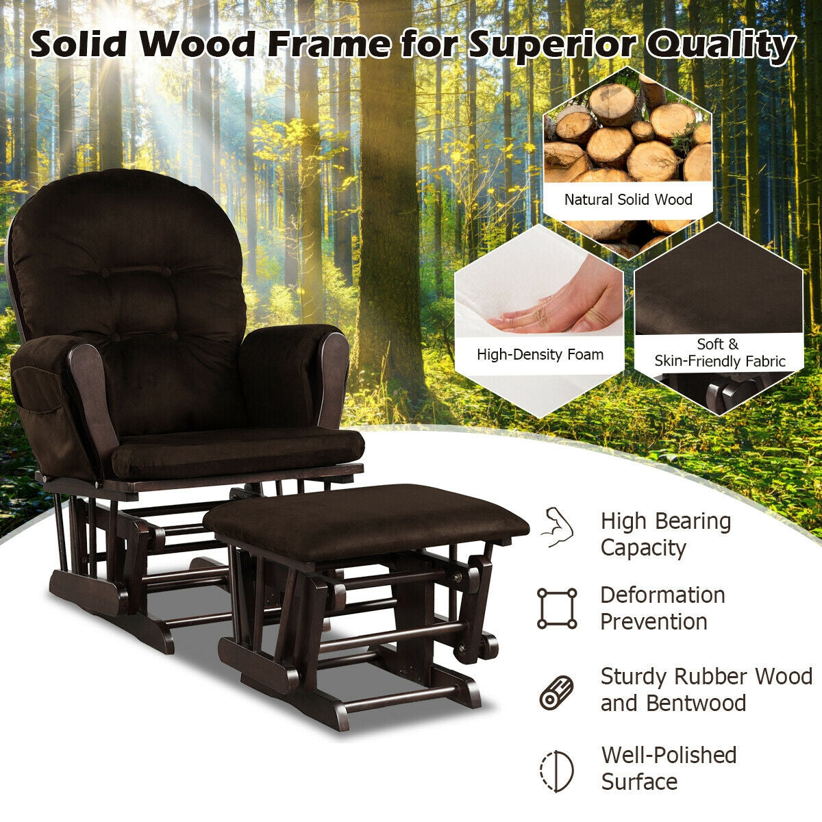 Wood Glider and Ottoman Set with Padded Armrests and Detachable Cushion