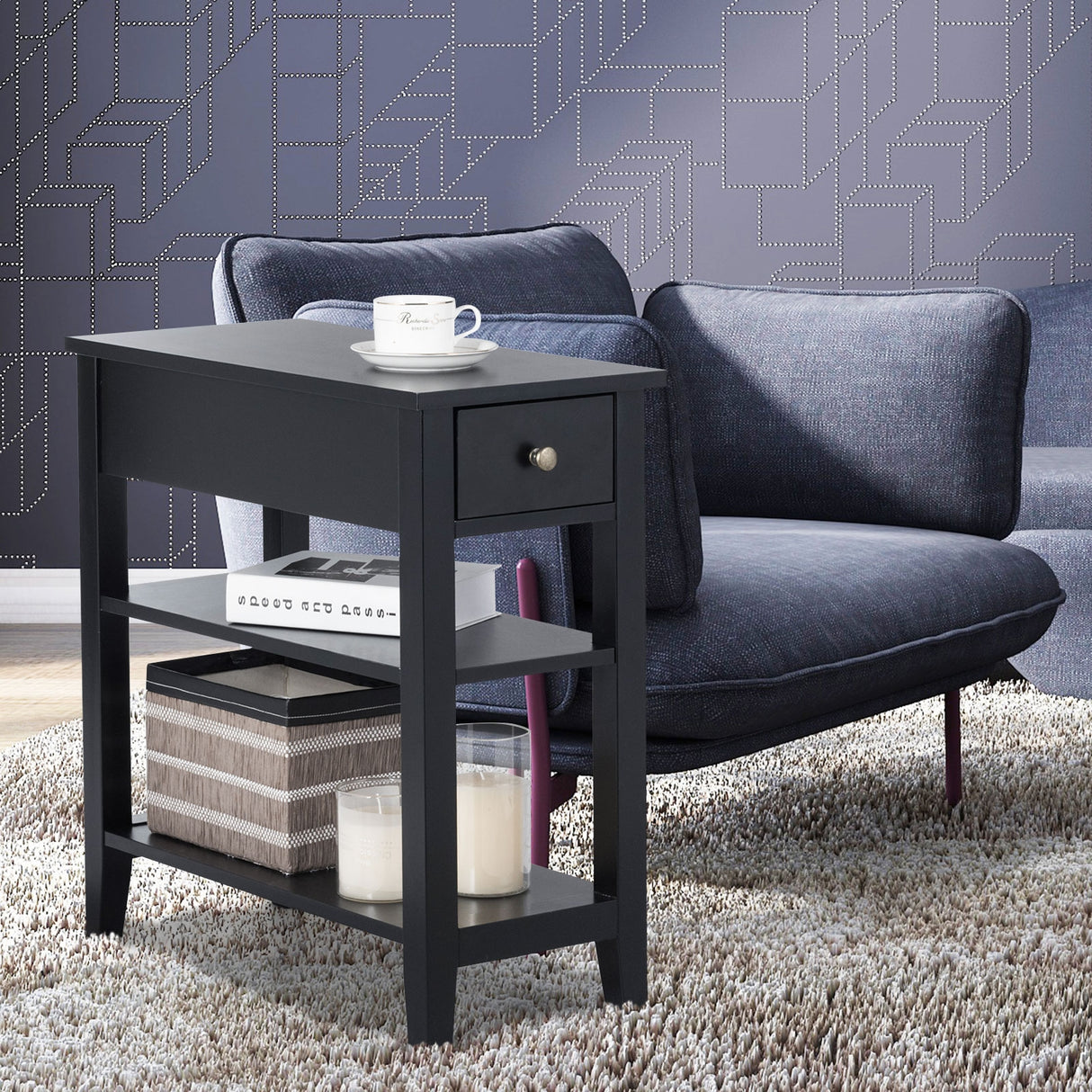 3-Tier Nightstand Bedside Table Sofa Side with Double Shelves Drawer