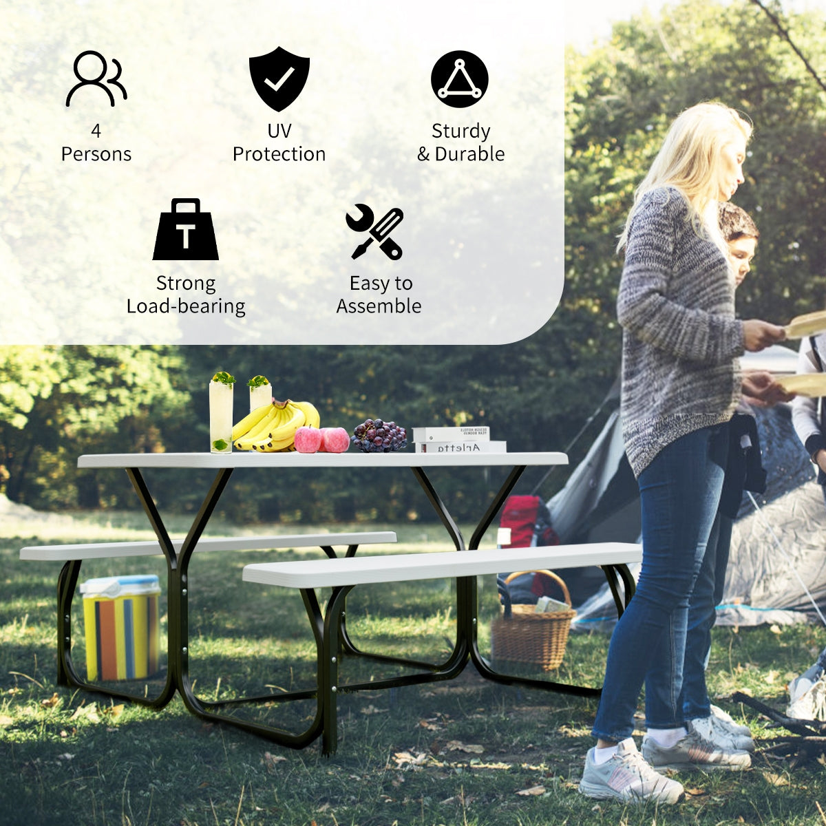 HDPE Outdoor Picnic Table Bench Set with Metal Base