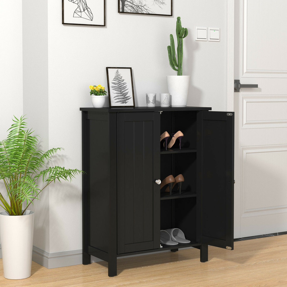 2-Door Bathroom Floor Storage Cabinet with Adjustable Shelf