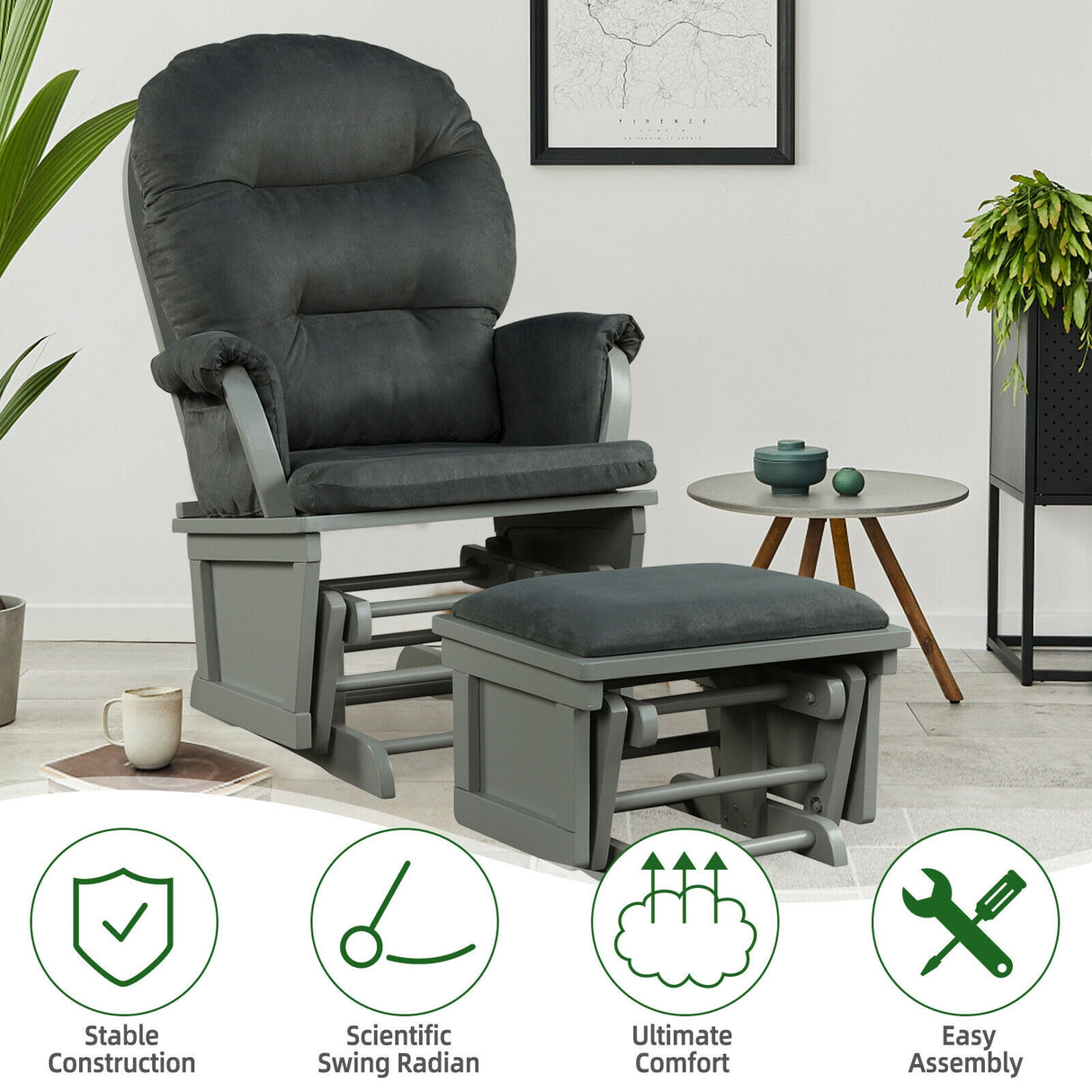 Baby Nursery Wooden Rocking Chair with Armrests and Cushion-Dark Gray