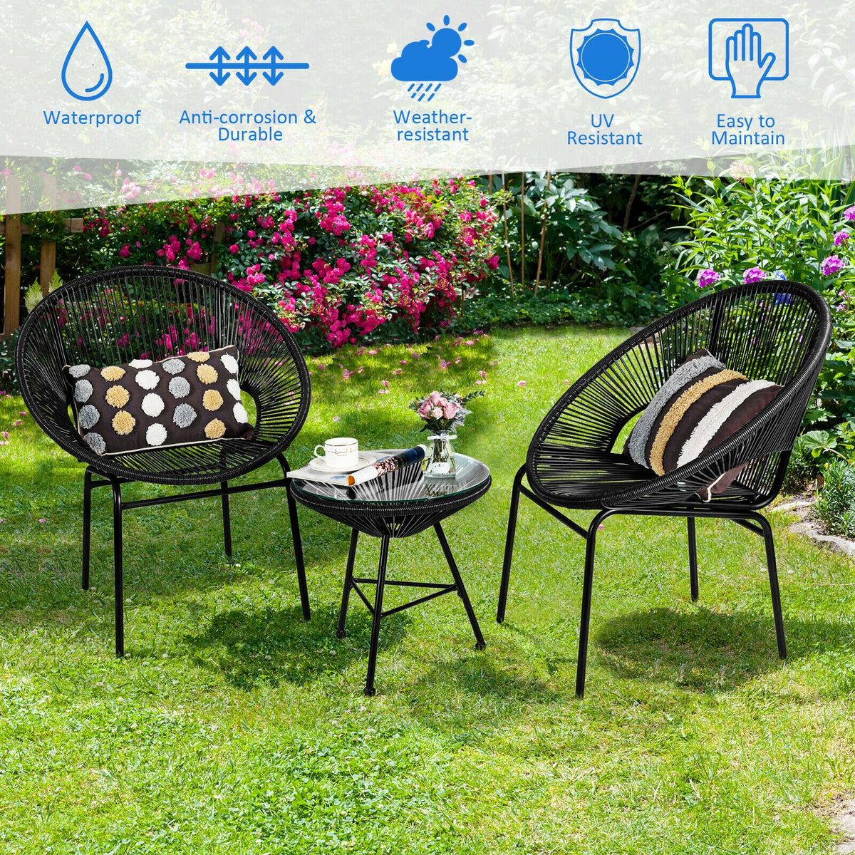 3PCS Patio Acapulco Furniture Bistro Set with GlassTable