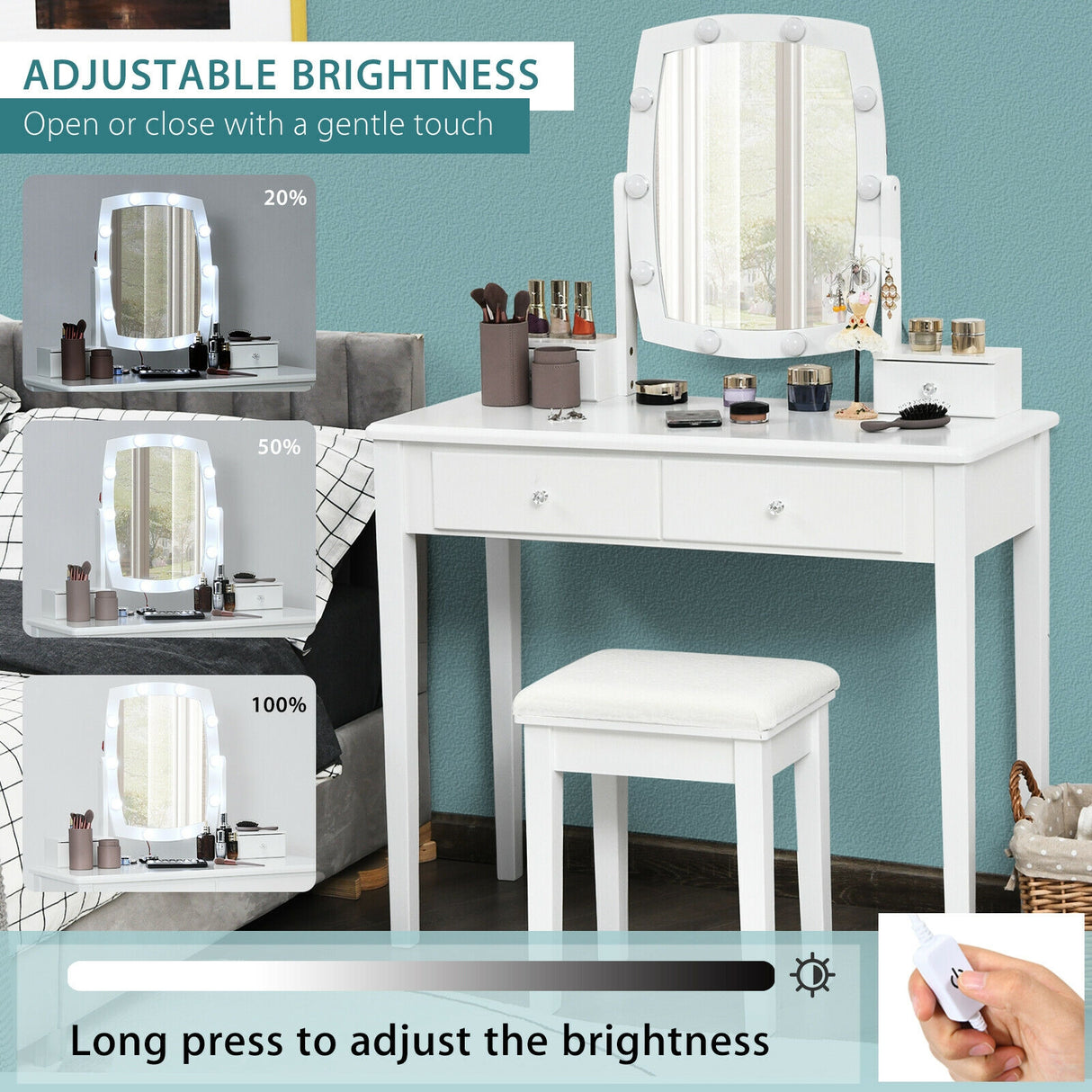 Vanity Table Set with Lighted Mirror for Bedroom and Dressing Room