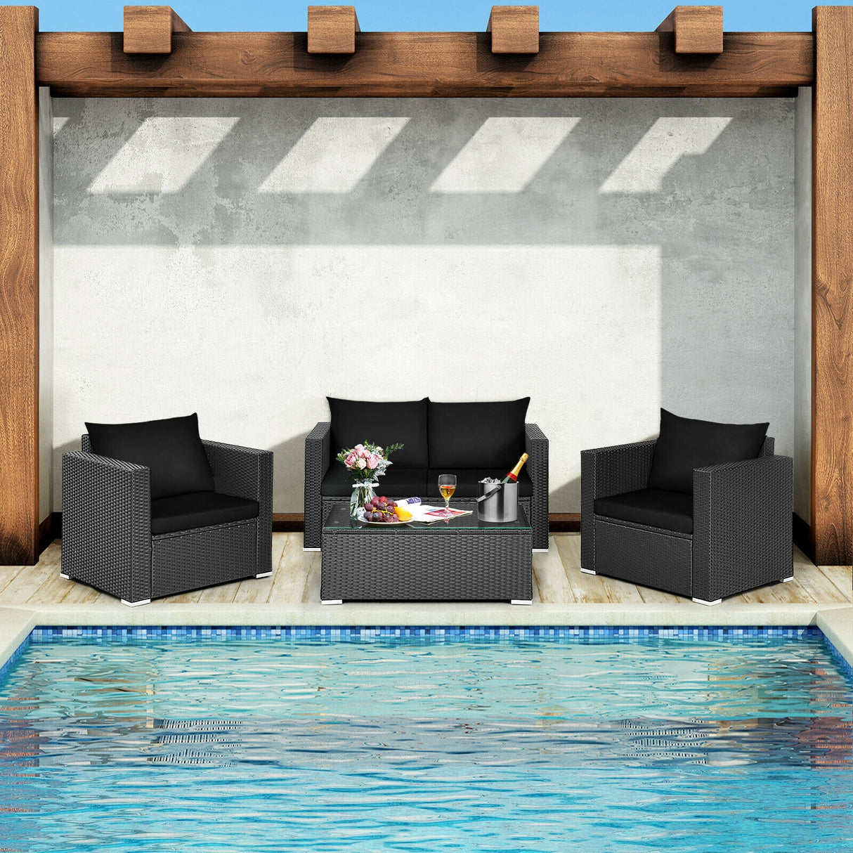 4 Pieces Patio Rattan Conversation Set with Cushions and Coffee Table