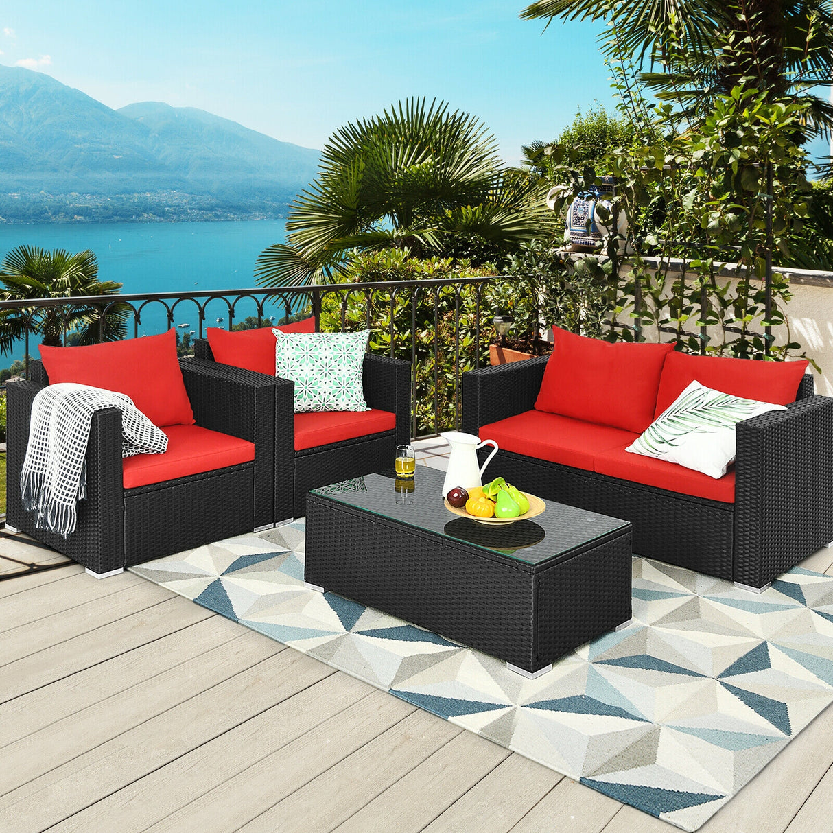 4 Pieces Patio Rattan Conversation Set with Cushions and Coffee Table