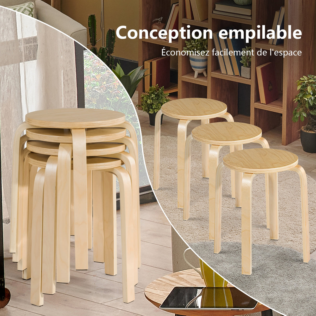 Set of 4 18 Inch Wood Home Backless Dining Chairs
