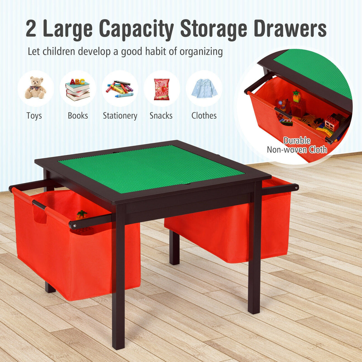 2-in-1 Kids Double-sided Activity Building Block Table with Drawers