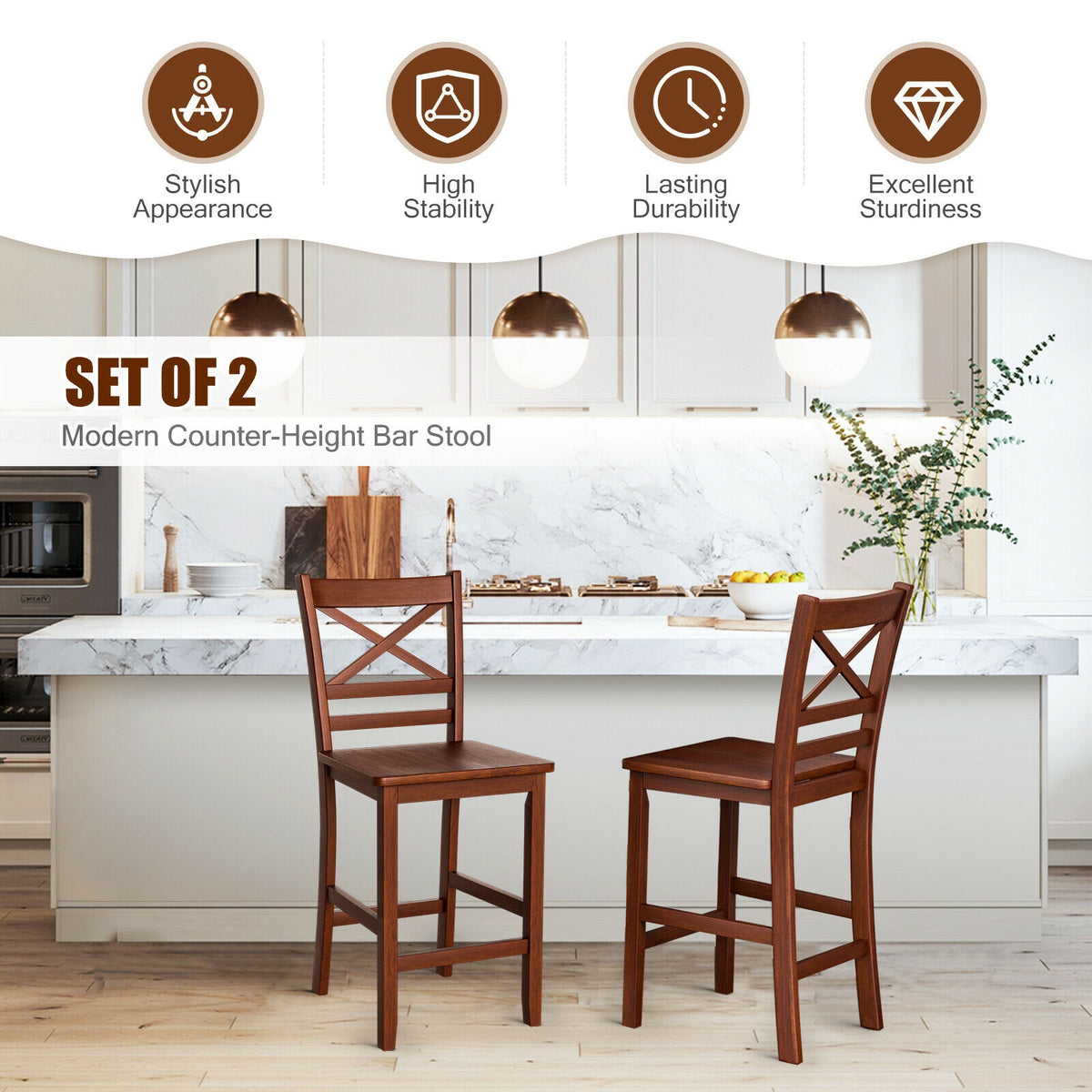 Set of 2 Bar Stools 25 Inch Counter Height Chairs with PU/Rubber Leather/Wood Seat/Legs