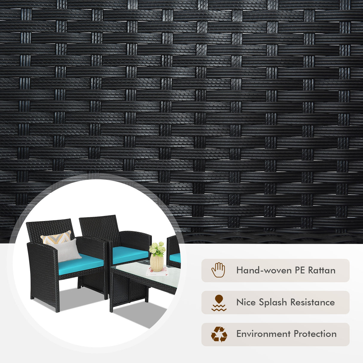 4 Pieces Rattan Patio Furniture Set with Weather Resistant Cushions and Tempered Glass Tabletop