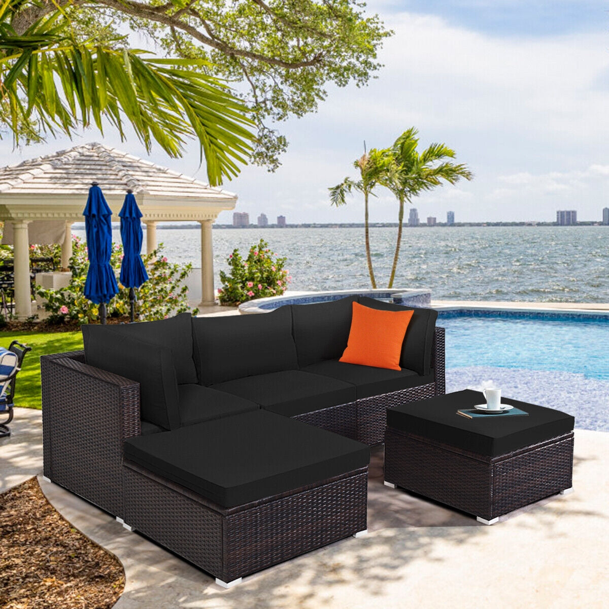5 Pieces Patio Rattan Sectional Conversation Ottoman Furniture Set