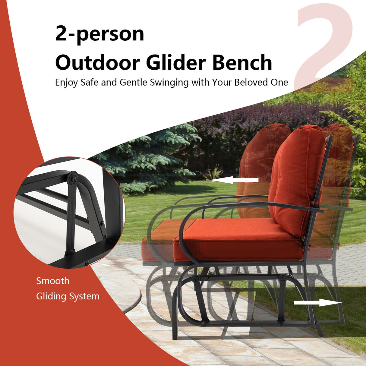 Patio 2-Person Glider Bench Rocking Loveseat with Cushioned Armrest-Red