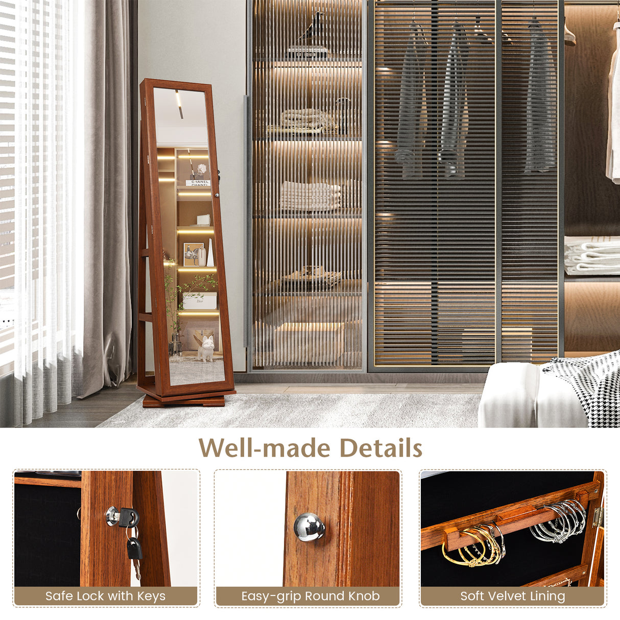 360Â° Rotatable 2-in-1 Lockable Jewelry Cabinet with Full-Length Mirror
