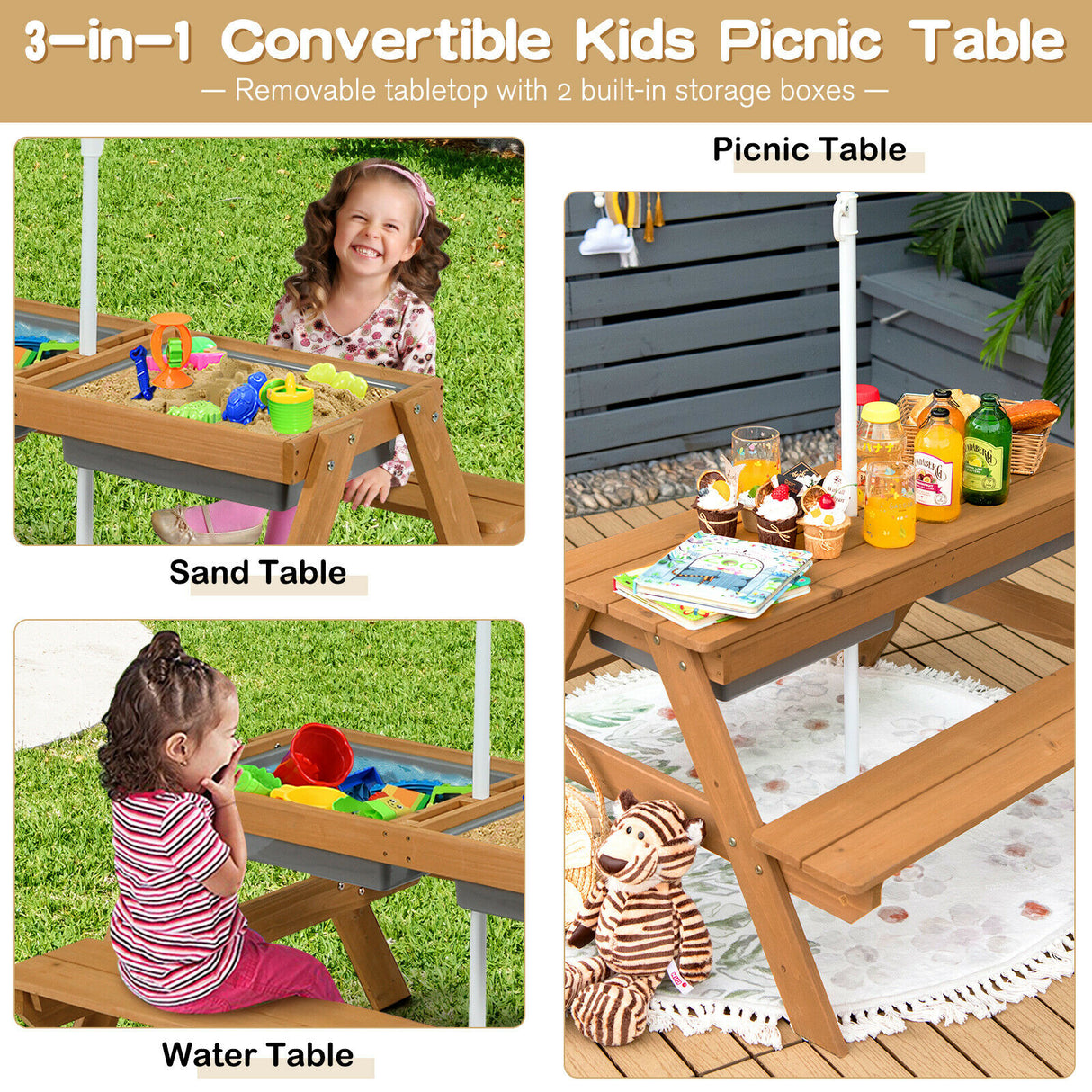 3-in-1 Kids Outdoor Picnic Water Sand Table with Umbrella Play Boxes