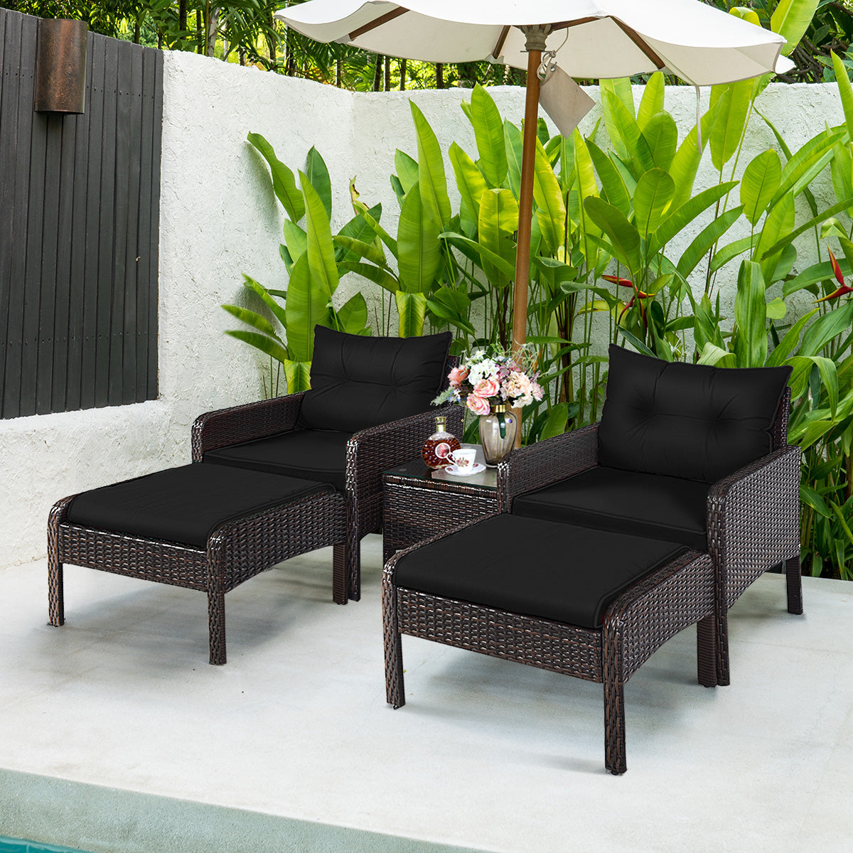 5 Pieces Patio Rattan Sofa Ottoman Furniture Set with Cushions
