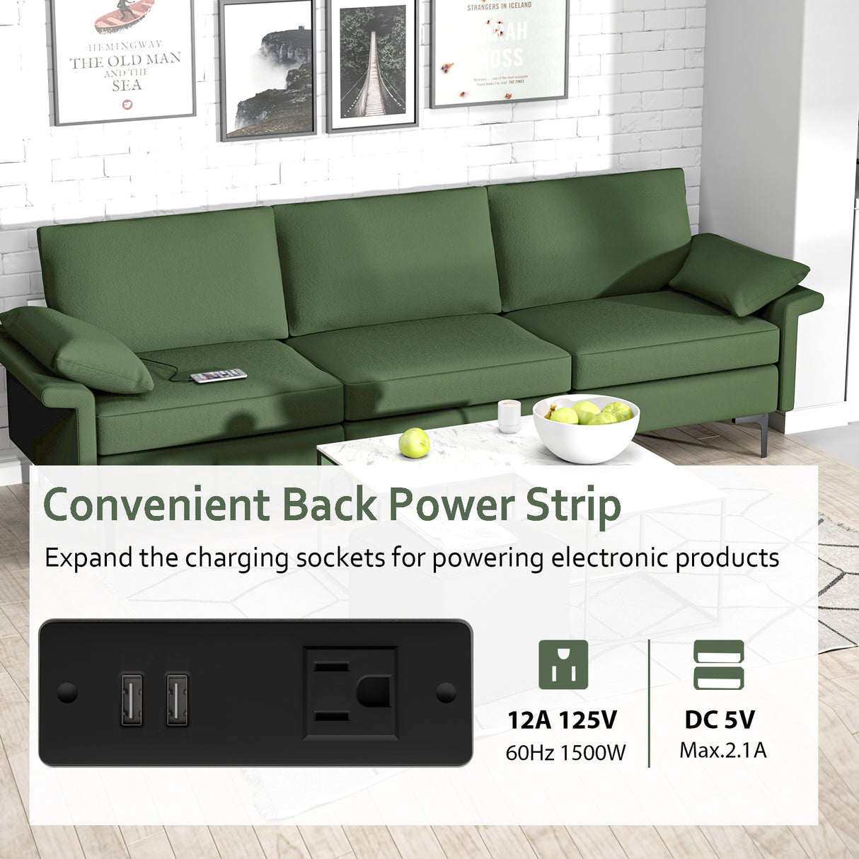 Large 3-Seat Sofa Sectional with Metal Legs and 2 USB Ports for 3-4 people