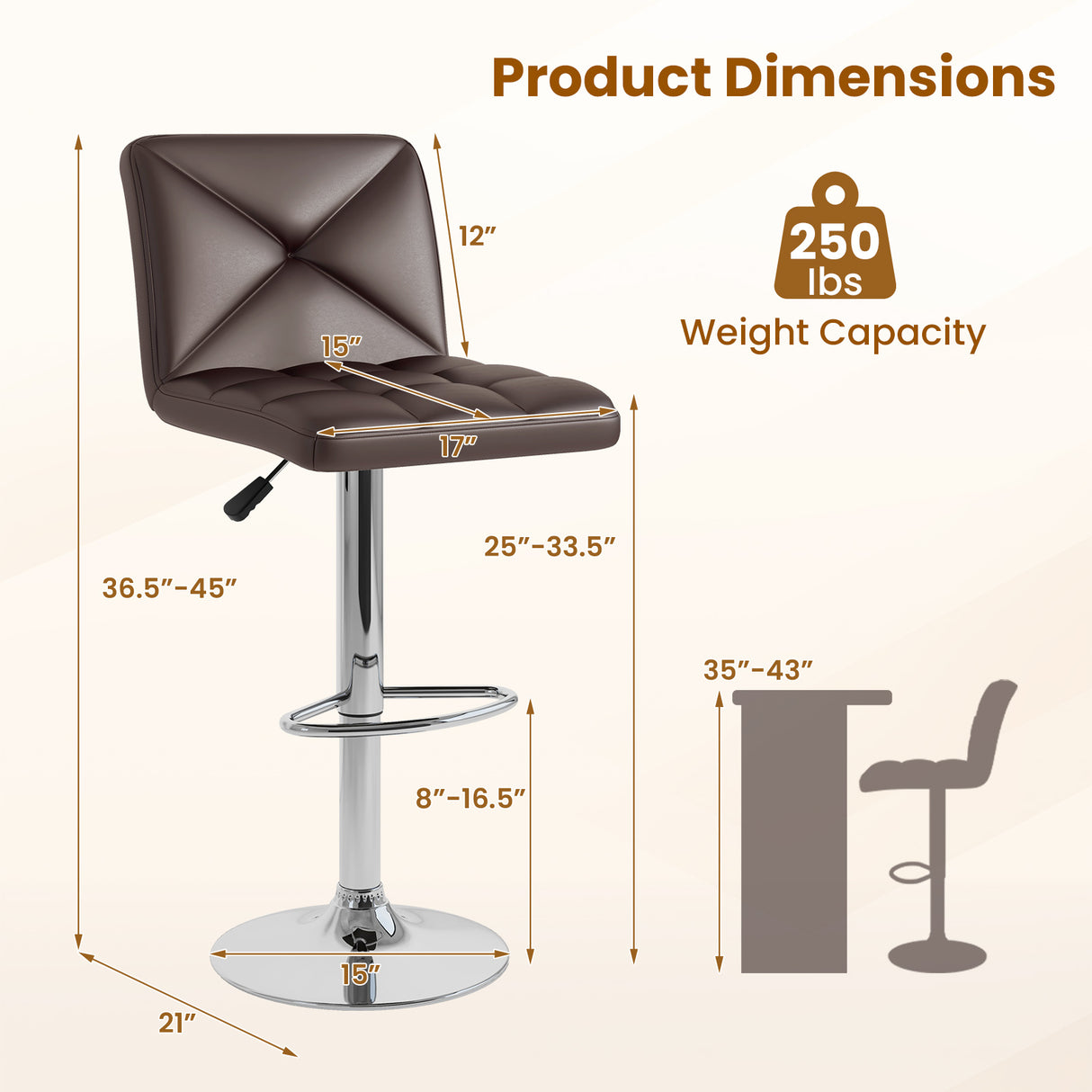 PU Leather Upholstered Bar Stools Set of 2 with Back and Adjustable Height
