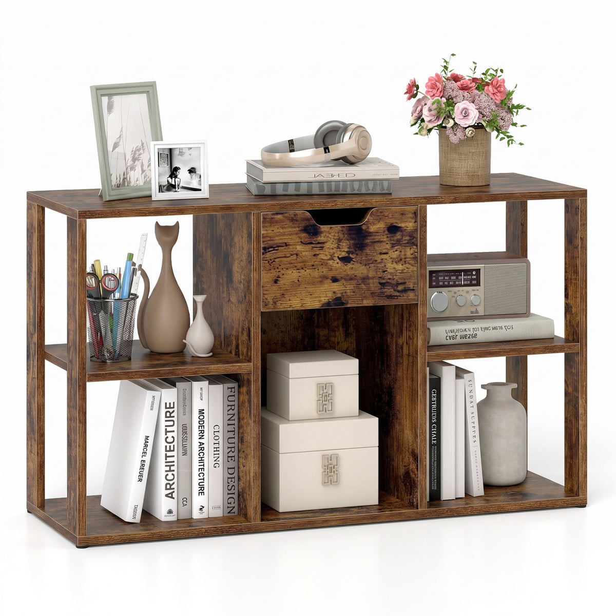 5-Cube Bookcase with Storage Drawer Freestanding Bookshelf Modern Display Rack