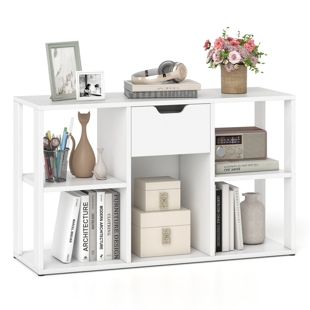 5-Cube Bookcase with Storage Drawer Freestanding Bookshelf Modern Display Rack