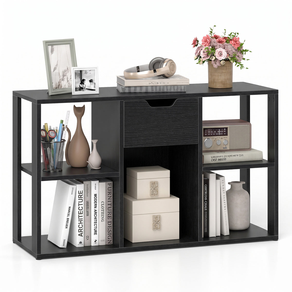 5-Cube Bookcase with Storage Drawer Freestanding Bookshelf Modern Display Rack