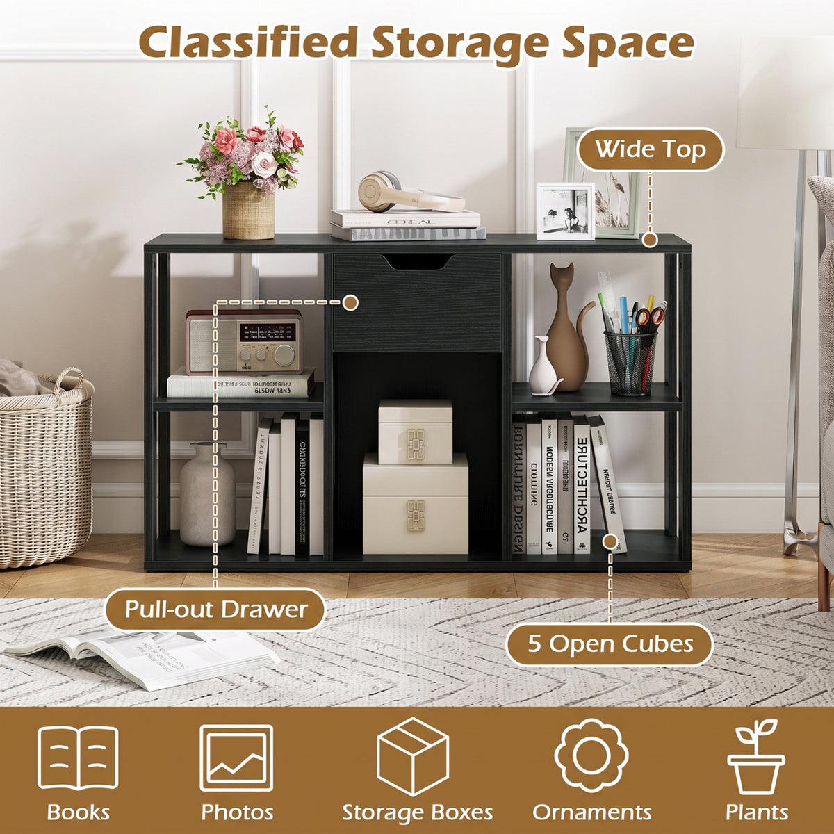 5-Cube Bookcase with Storage Drawer Freestanding Bookshelf Modern Display Rack