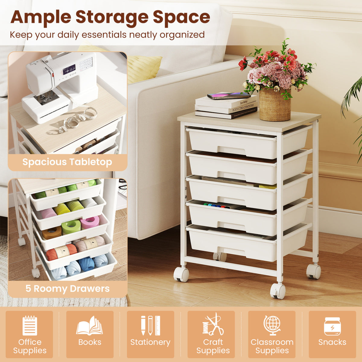 5-Drawer Rolling Cart with Wooden Tabletop and Metal Frame for Craft Room