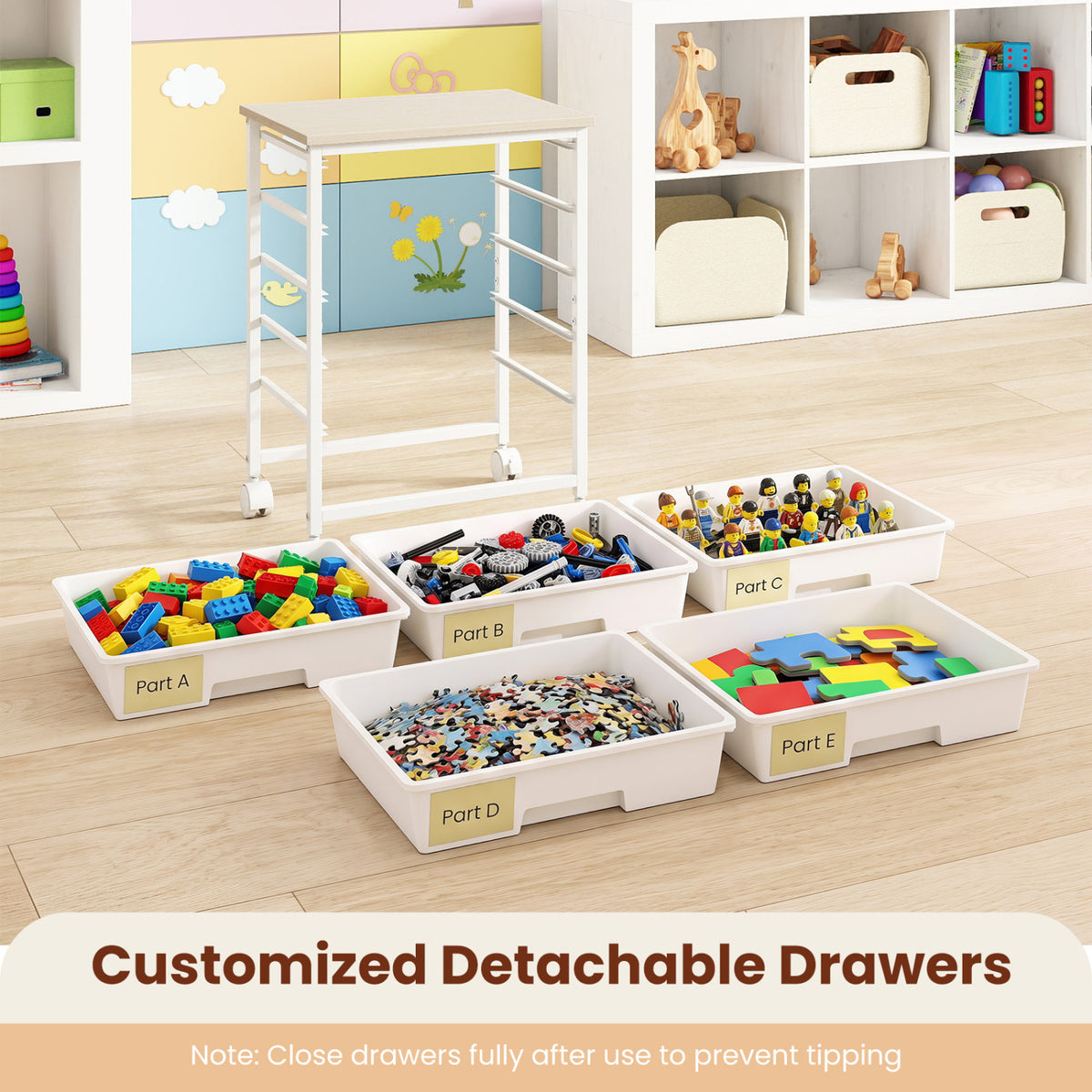 5-Drawer Rolling Cart with Wooden Tabletop and Metal Frame for Craft Room