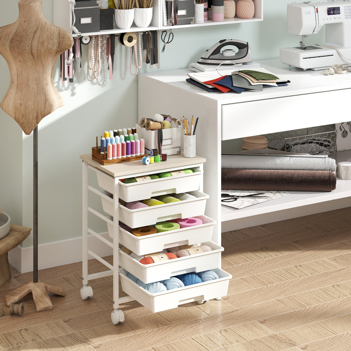 5-Drawer Rolling Cart with Wooden Tabletop and Metal Frame for Craft Room