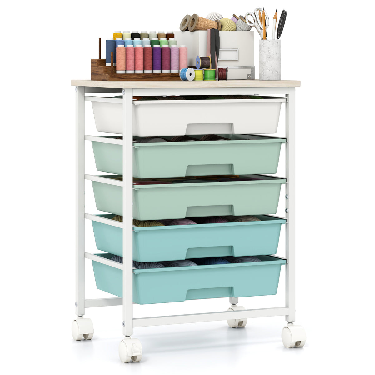 5-Drawer Rolling Cart with Wooden Tabletop and Metal Frame for Craft Room