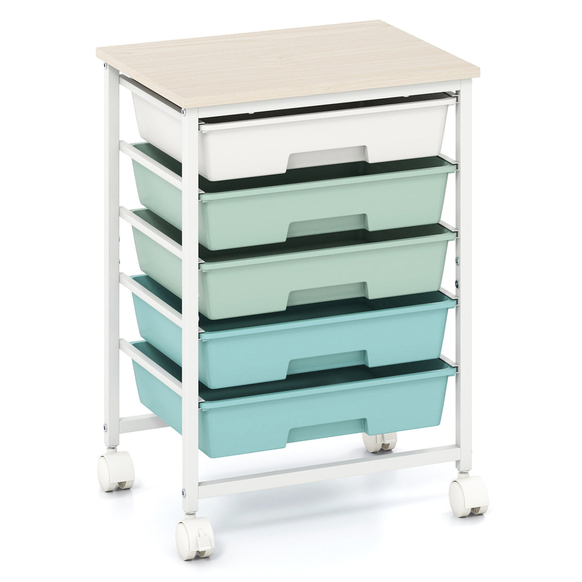 5-Drawer Rolling Cart with Wooden Tabletop and Metal Frame for Craft Room